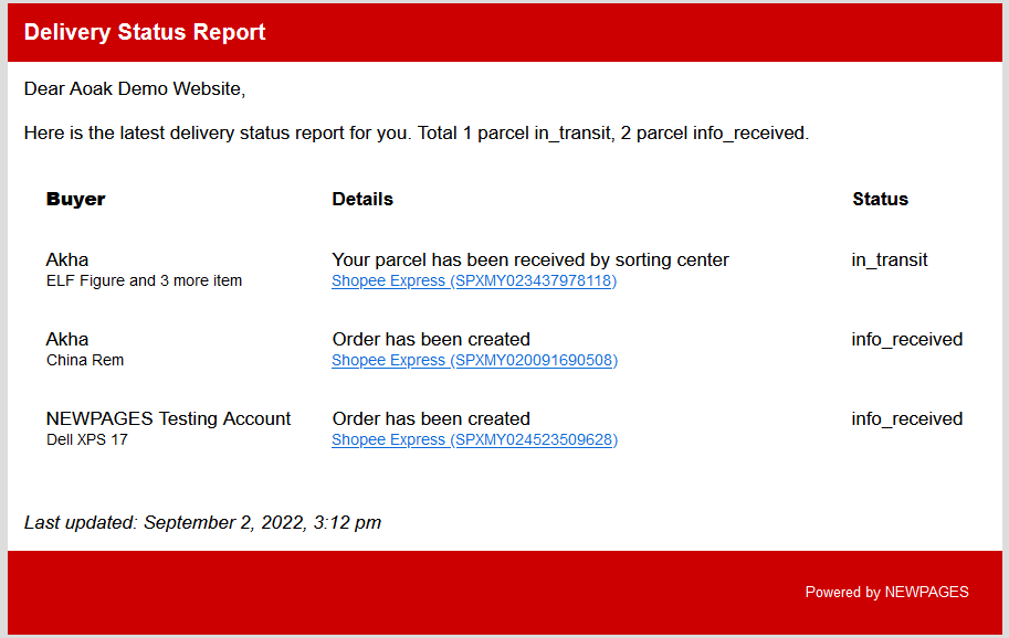 Automated Delivery Status Report